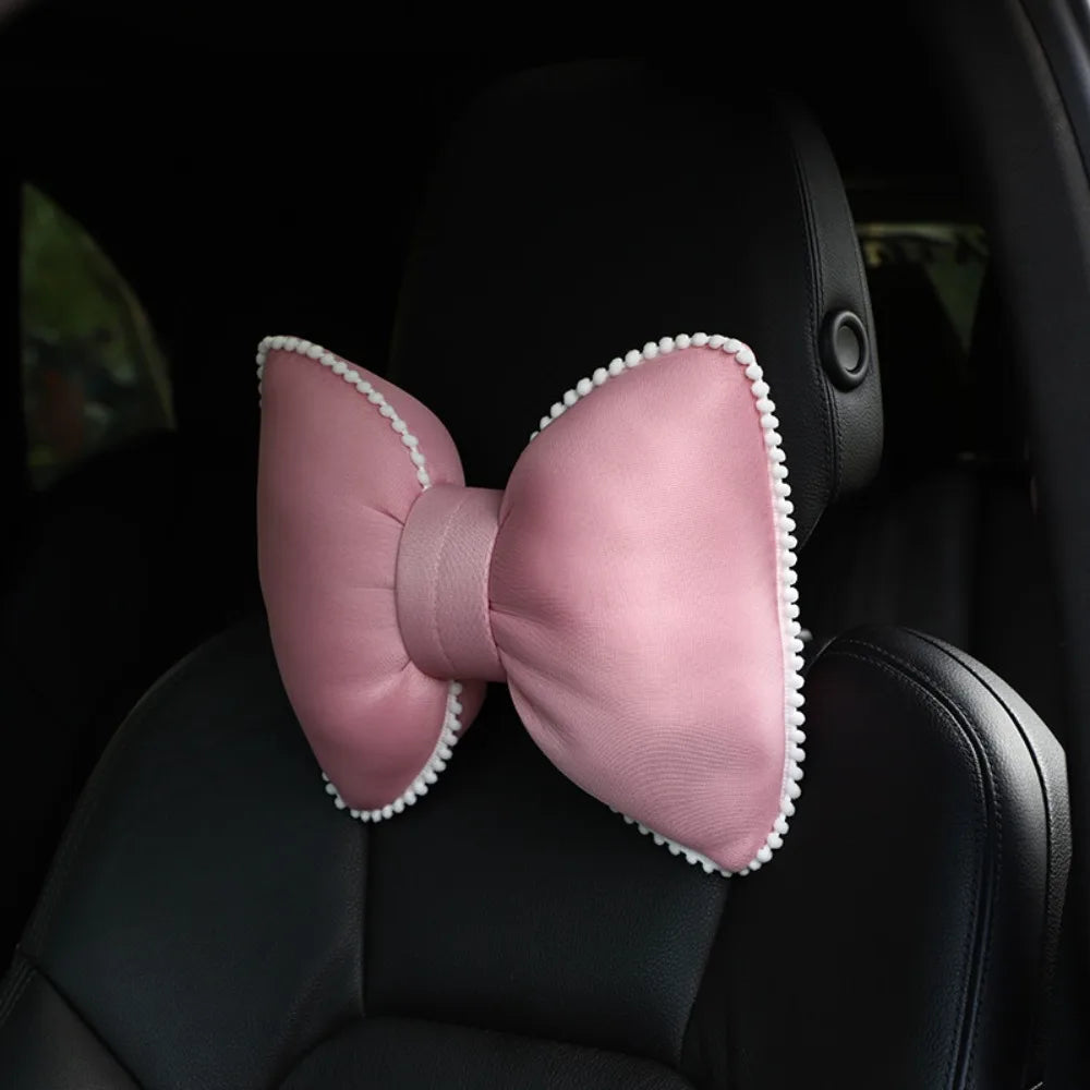 Bow Car Headrest Neck Pillow Pink Black Universal Breathable Zpaxo Style 1 Pink