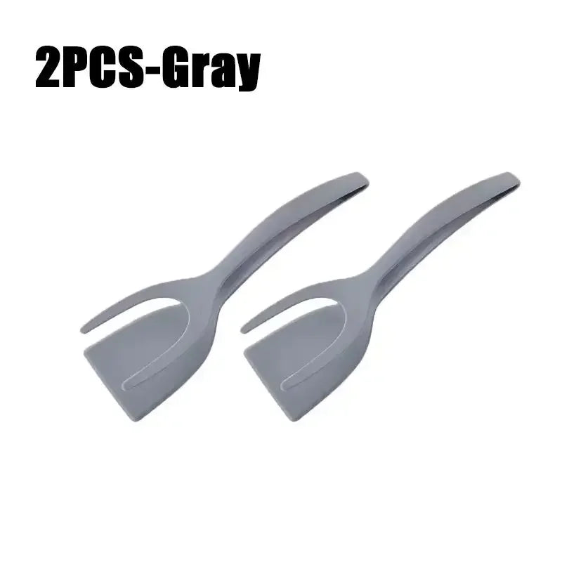 2-in-1 Egg Spatula Tongs Cooking Utensils Kitchen Accessories Pancake Cooking Machine Flip Pliers Nylon Clip Gadget Tools Zpaxo 2PCS-Gray
