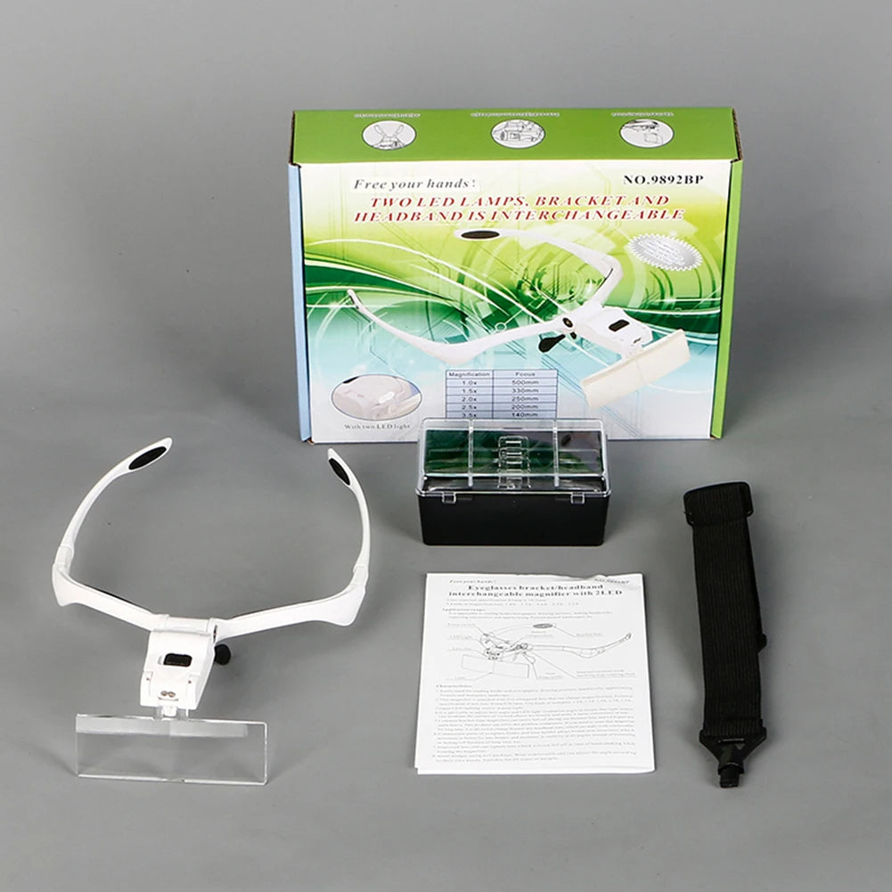 LED Head Magnifier 2 Lights Headband Mount Magnifying Glass Reading