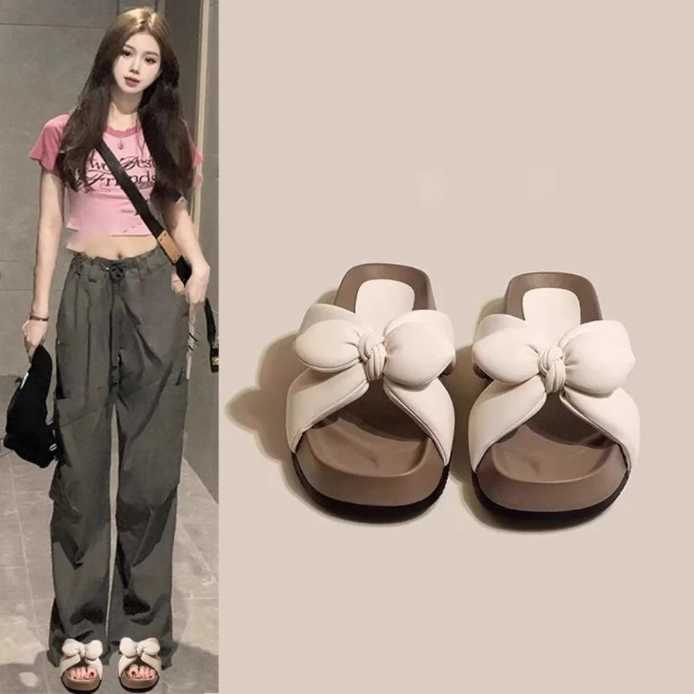 Women's New Thick-soled French Bow Cross-off Non-slip Flat Beach Shoes Zpaxo