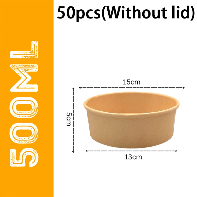 50-Pack 750mldisposable Salad Bowls Kraft Paper Transparent Lids Zpaxo 500ml without cap