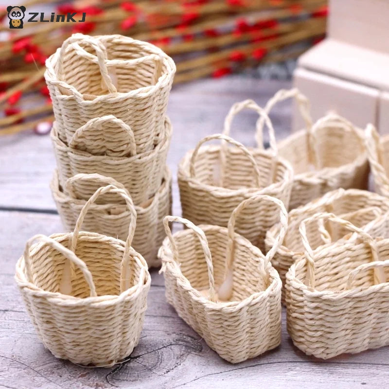 ▶1:12 Dollhouse Miniature Storage Basket Vegetable Food Woven Frame Portable Flower Basket Kitchen Home Model Decor Toy Zpaxo