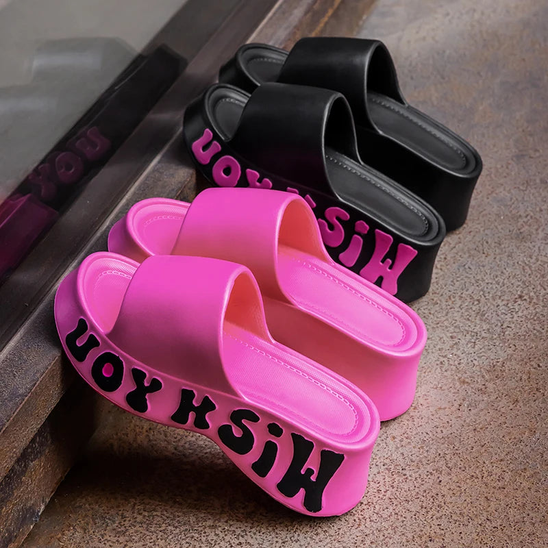Summer Letter Printed Wedge Slippers Women Fashion Chunky Platform