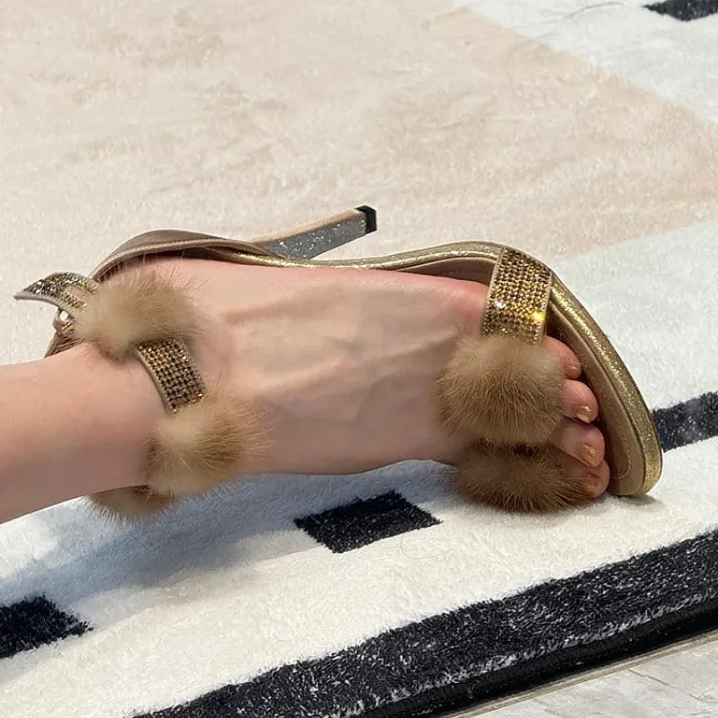 Women Sandals Faux Fur Strap Ankle Strap Sandals Women Luxury Brand Designer Shoes Fashion Party Dress High Heels Shoes Women Zpaxo