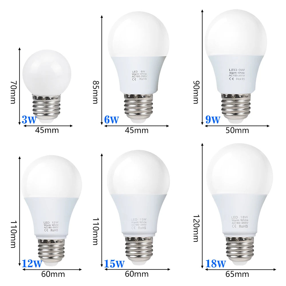 E27 LED Bulb 3W 6W 9W 12W 15W 18W High Brightness Smart IC Energy Saving Lamp 220V-240V Indoor Lighting for Home Office Garage Zpaxo