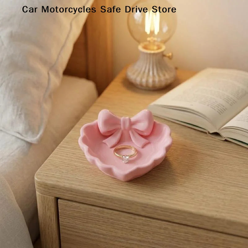 CMHeart-Shaped 3D Printed Jewelry Tray Pink Bow Elegant Decor Table