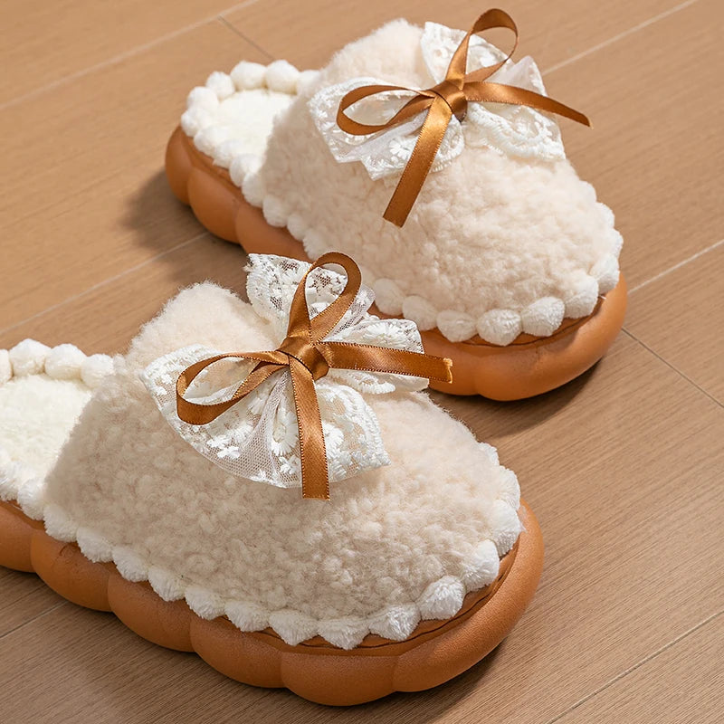 Winter Warm Fur Slippers Women Thick-soled Household Cute Bow Non