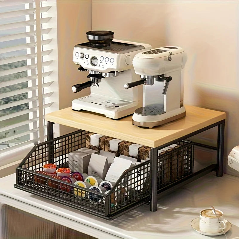 Maximize space! Sturdy hardwood shelf with drawer & wire basket. Perfect for coffee maker. Neat & compact. Zpaxo