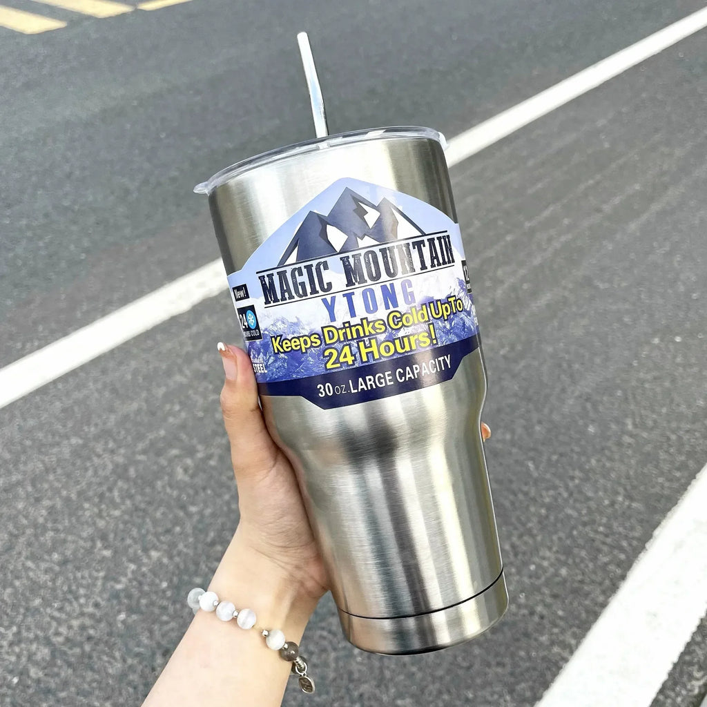 Magic Stainless Steel Freeze Thermos Cup with Straw Ice Coffee Drink Vacuum Insulated Bottle Car Travel Outdoor Mountain Cup Zpaxo