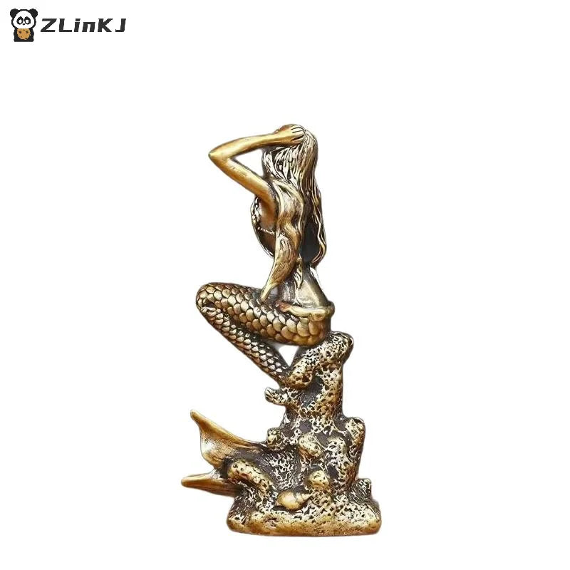 ▶1PCS Mini Brass Mermaid Figurine Fairy Tale Character Mermaid Princess Statue Zpaxo