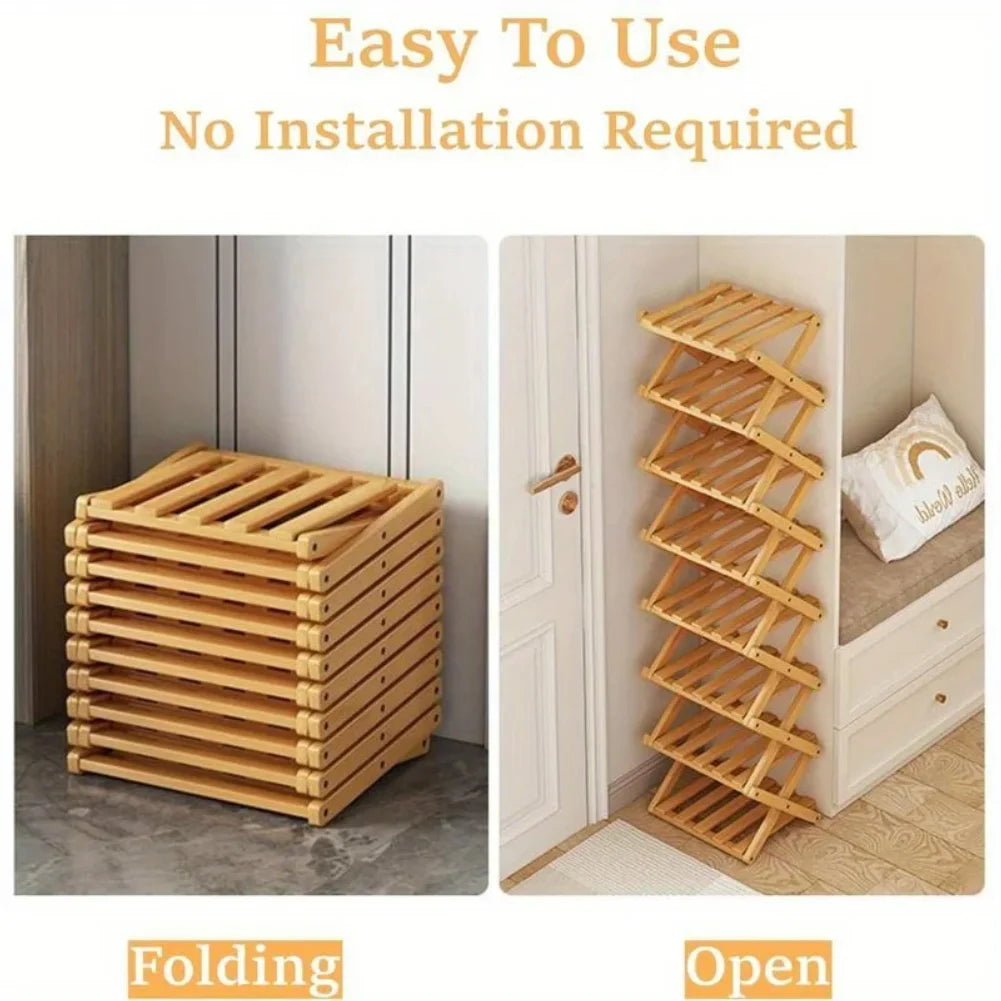 Bamboo Shoe Rack, Foldable Space Saving Shelves for Home and Bedroom - Interior Entry Storage Free Footed Shoe Narrow Shelf Zpaxo