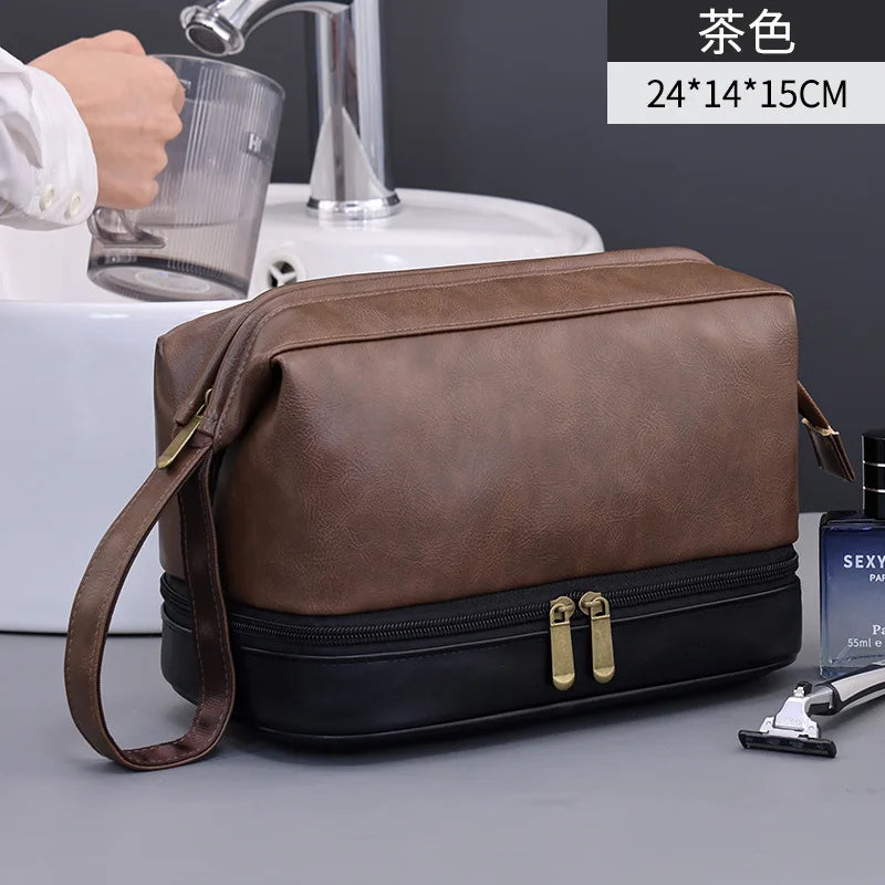 Hot Vintage Luxury Double-layer Men's Wash Bag, Portable and Large-capacity Handheld Cosmetic Storage Bag for Outdoor Use Zpaxo tea color