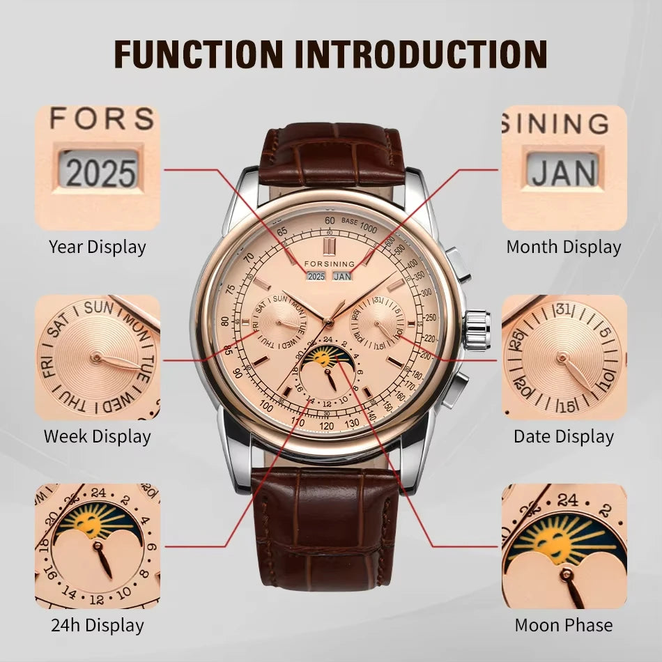 Forsining Retro Mechancial Watches Moon Phase Shanghai Movement Rose Gold Case Brown Leather Strap Luxury Automatic Mens Watch Zpaxo