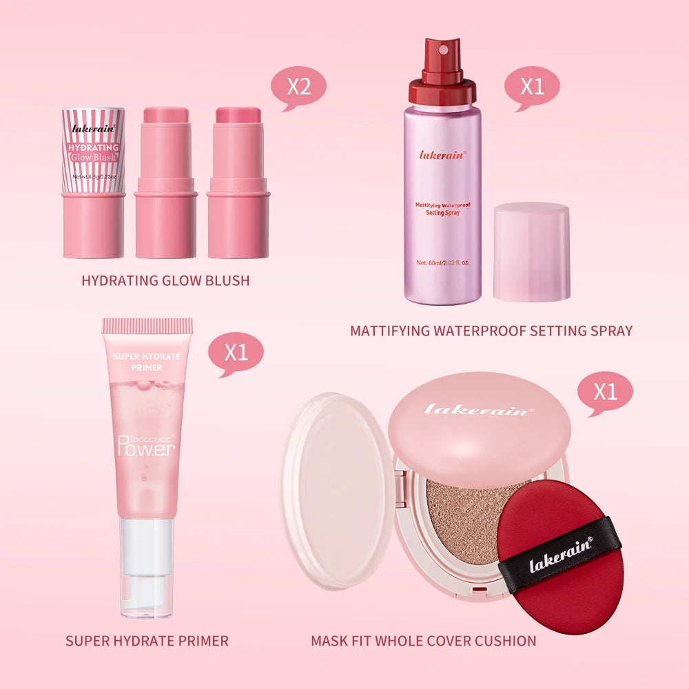 Pink Makeup Set Primer Setting Spray Include Air Cushion Foundation Base MakeupLipstick 5pcs/set Blush Hold Cosmetics Kit Zpaxo