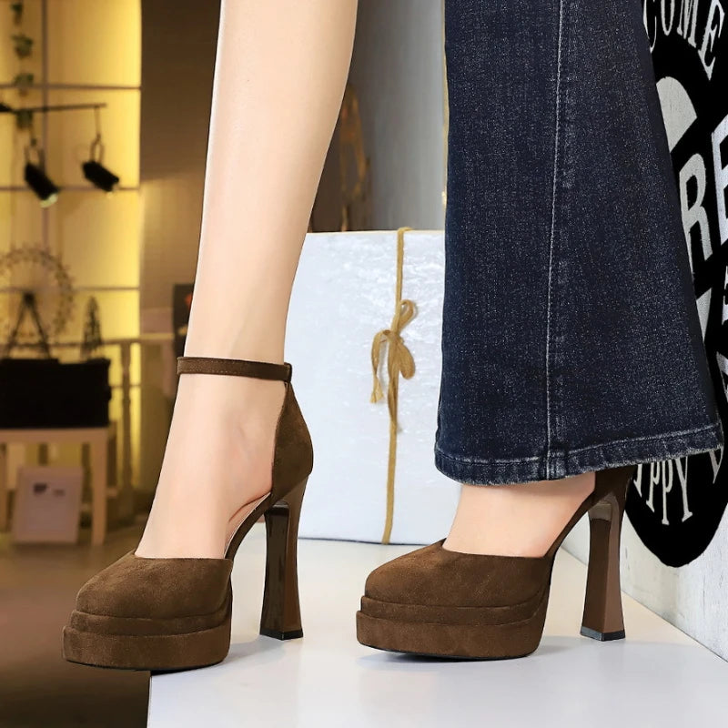 Korean Version Air-quality Shallow Mouth Round Toe Suede Heels Thick Zpaxo 9272 Brown 36 China Mainland