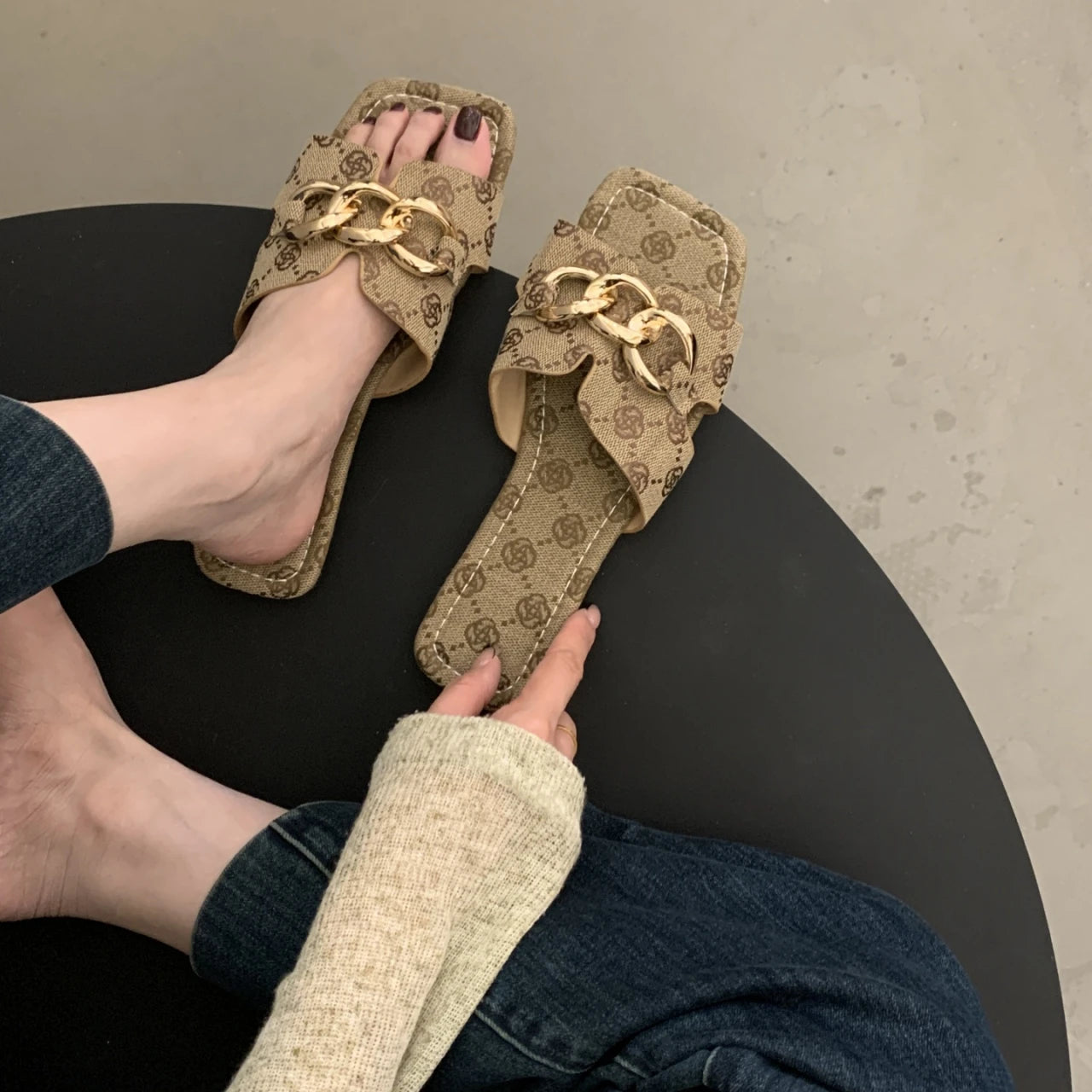 Women Flat Slippers 2025 Summer Big Shoes Trend Designer Luxury Zpaxo Khaki 39