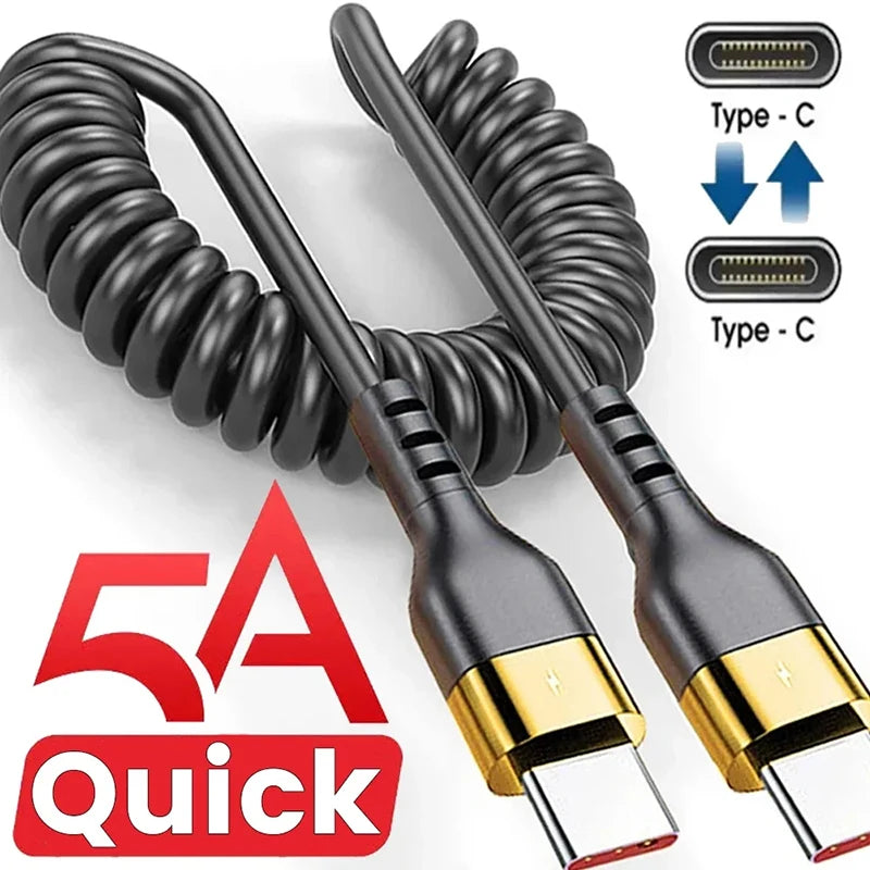 120W USB C to Type C Fast Charge Spring Cable Telescopic Car Phone Charger Data Cord For iPhone Samsung Xiaomi Realme USB Cables Zpaxo