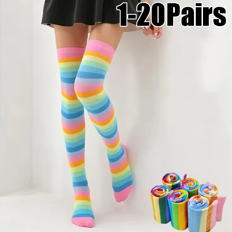 Women's Rainbow Stripe Thigh Socks Length Party Holiday Performance