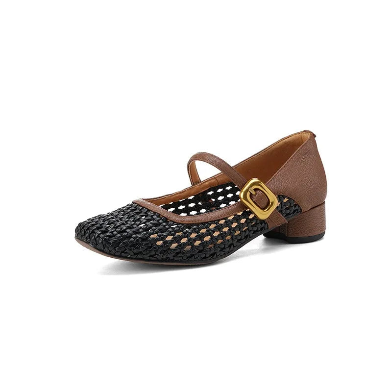 Vintage Leather Square Toe Woven Hollow-out Mary Jane Shoes Women's Shallow-cut Square Toe Thick Heeled Sandals Zpaxo black 37