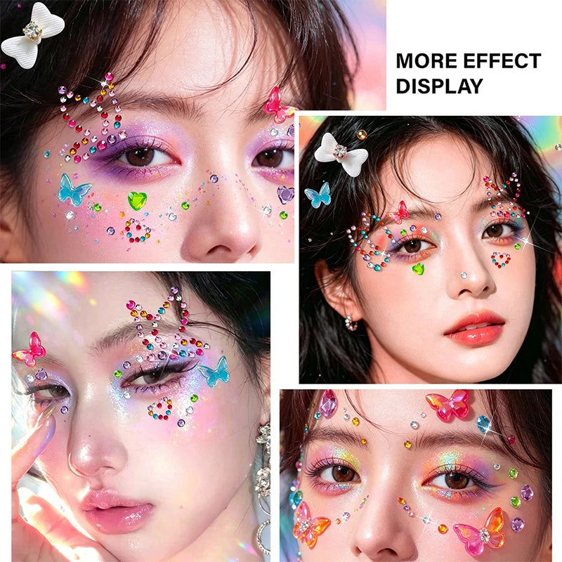 3D Diamond Face Tattoo Stickers Colorful Glitter Crystal Eye Makeup Diamond Stickers DIY Self-Adhesive Butterfly Rhinestones Zpaxo