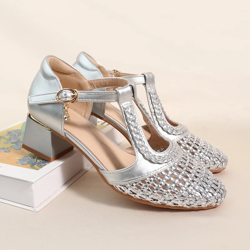 Silver Metallic Woven Hollow Out Sandals T-strap Buckle Closure Round Zpaxo