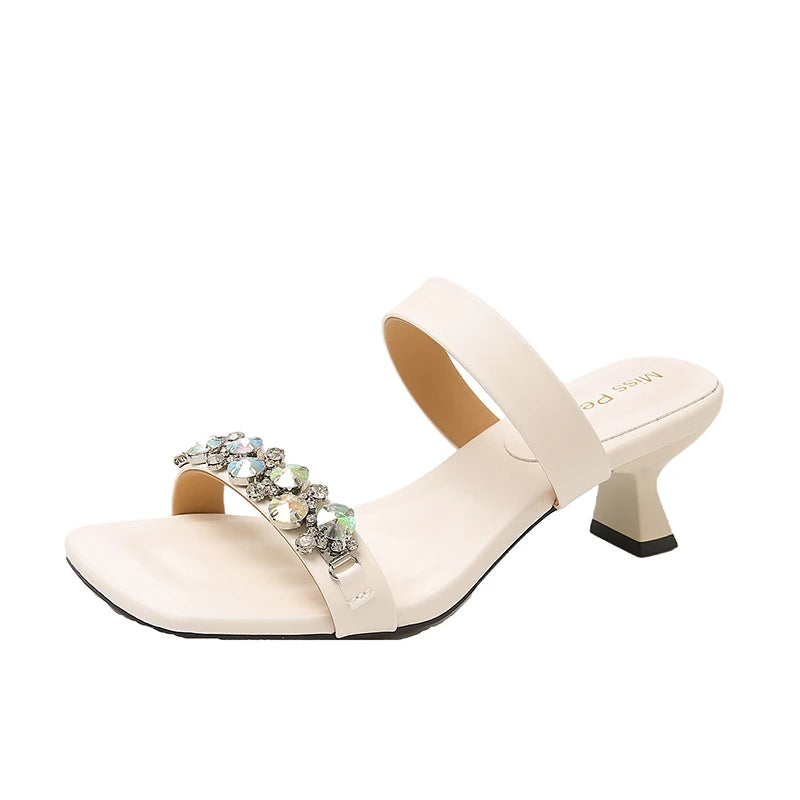 Square Toe Heels Slippers Women Luxury Crystal Shoes Sexy Heeled