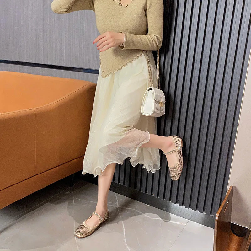 Flat Shoes for Women Spring and Autumn New Square Toe Mesh Full Diamond Pearls Mary Jane Women's Ladies Luxury Shoes Women Zpaxo
