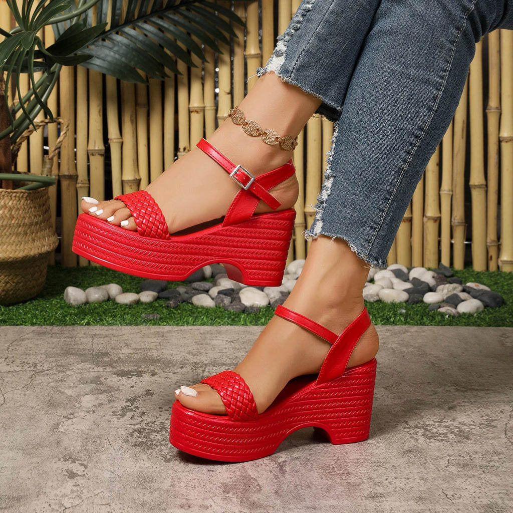 Red Ankle Strap Chunky Platform Sandals Women Fashion Woven Wedge Zpaxo