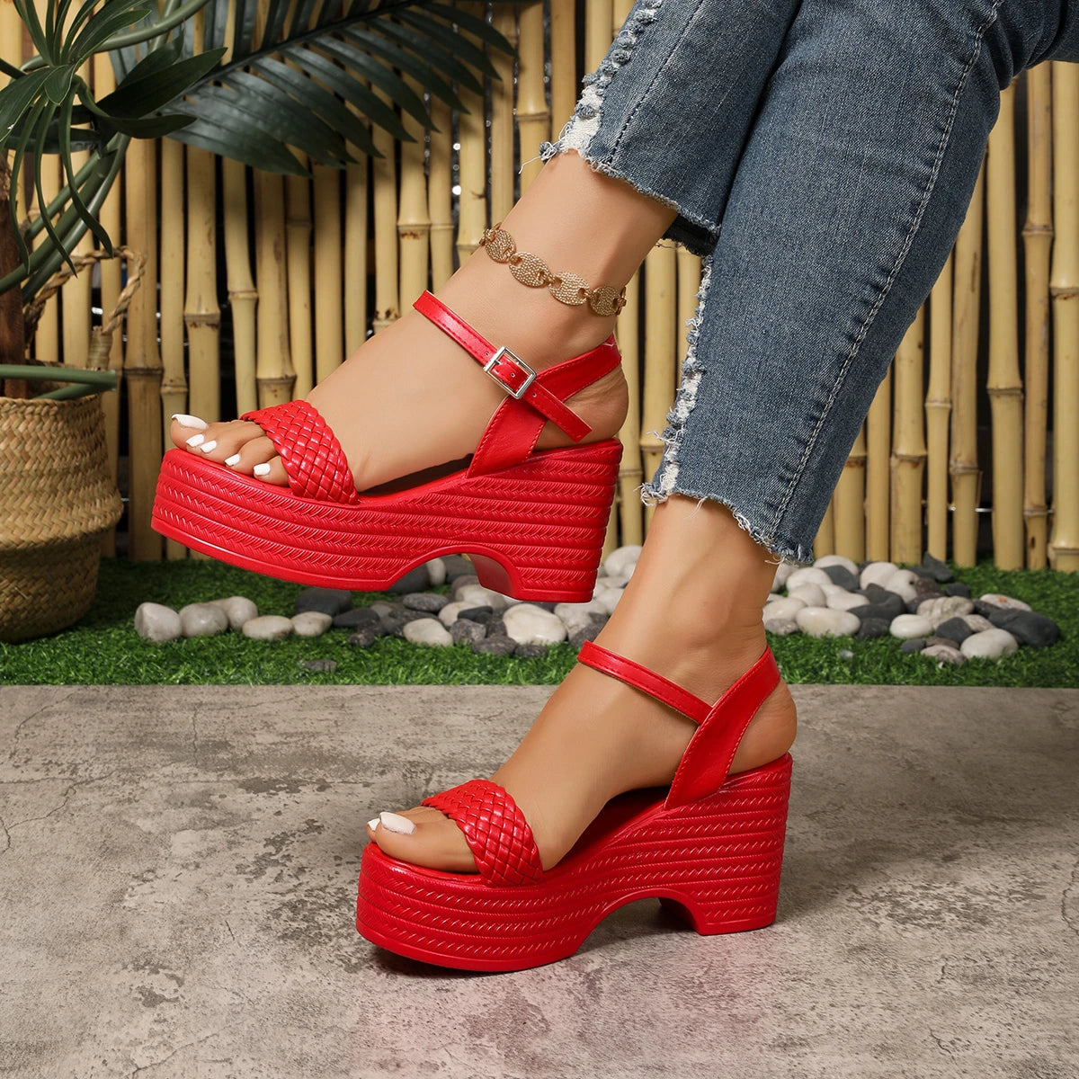 Red Ankle Strap Chunky Platform Sandals Women Fashion Woven Wedge Zpaxo