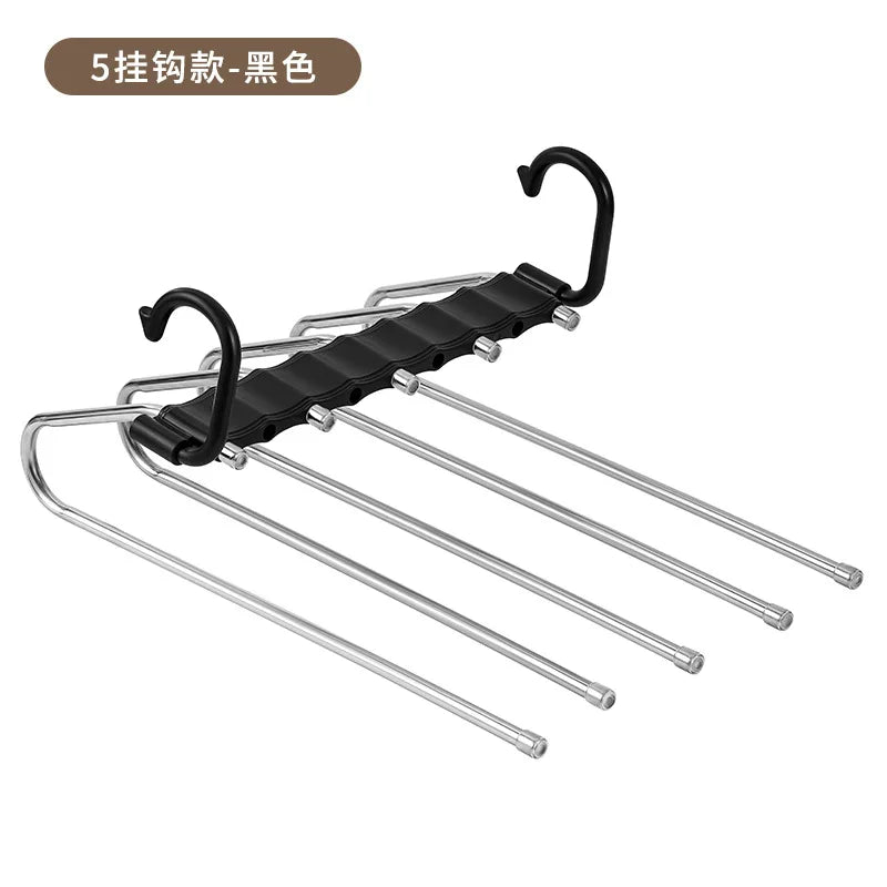 Stainless Steel Folding Pants Hanger – Multi-Layer Magic Clips & Retractable Space-Saving Organizer Zpaxo 5 Hooks black
