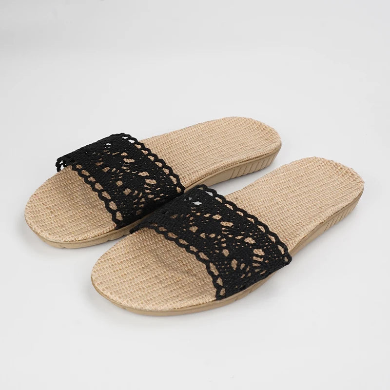 SHAJI Summer Women's Linen Slippers Home Lightweight Indoor Non-slip Zpaxo 2026 Black 40-41