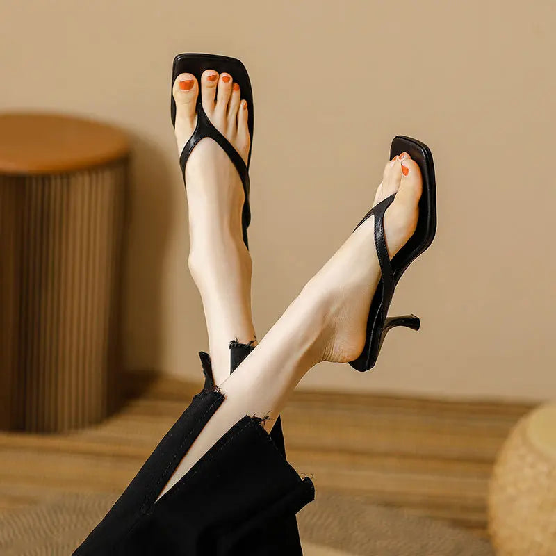 Summer New Soft Leather Square Toe Cat with Flip-flops Women Fashion Thin Belt Thin Heel Soft Sole Flip-flops Zpaxo