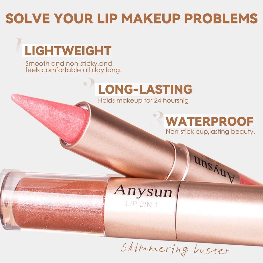 Double Head 2-in-1 Lip Liner+lip Gloss Waterproof Durable Fine Shiny