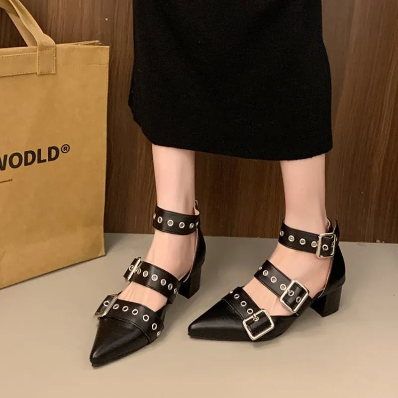 Thick Heeled Baotou Sandals Women's Roman Strap Shoes Middle Pointed