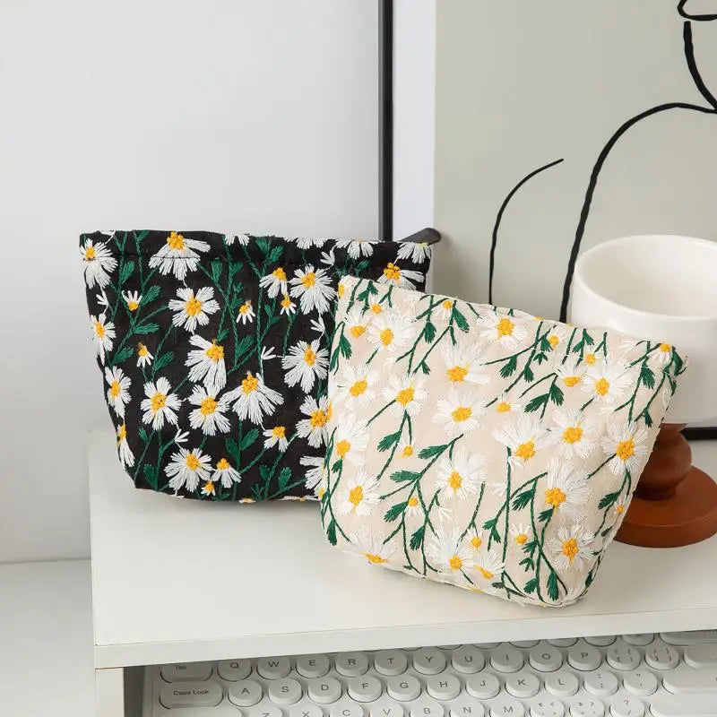 Floral Embroidery Canvas Cosmetic Bag – Travel Makeup Organizer