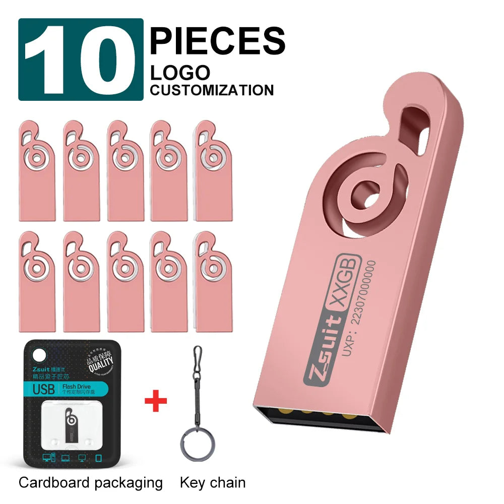 Zsuit 10Pcs 128GB USB Flash Drive Music USB Pendrives 64G 32G Memory Stick Pen Drives USB 4GB 8GB Metal U disk custom Gift Zpaxo usb 3.0-64gb Pink