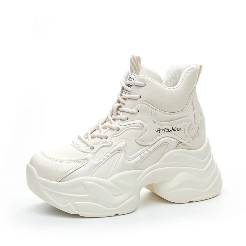 White Mesh Leather Chunky Dad Sneakers Women Lace Up Design Round Toe Zpaxo Beige 35 China Mainland