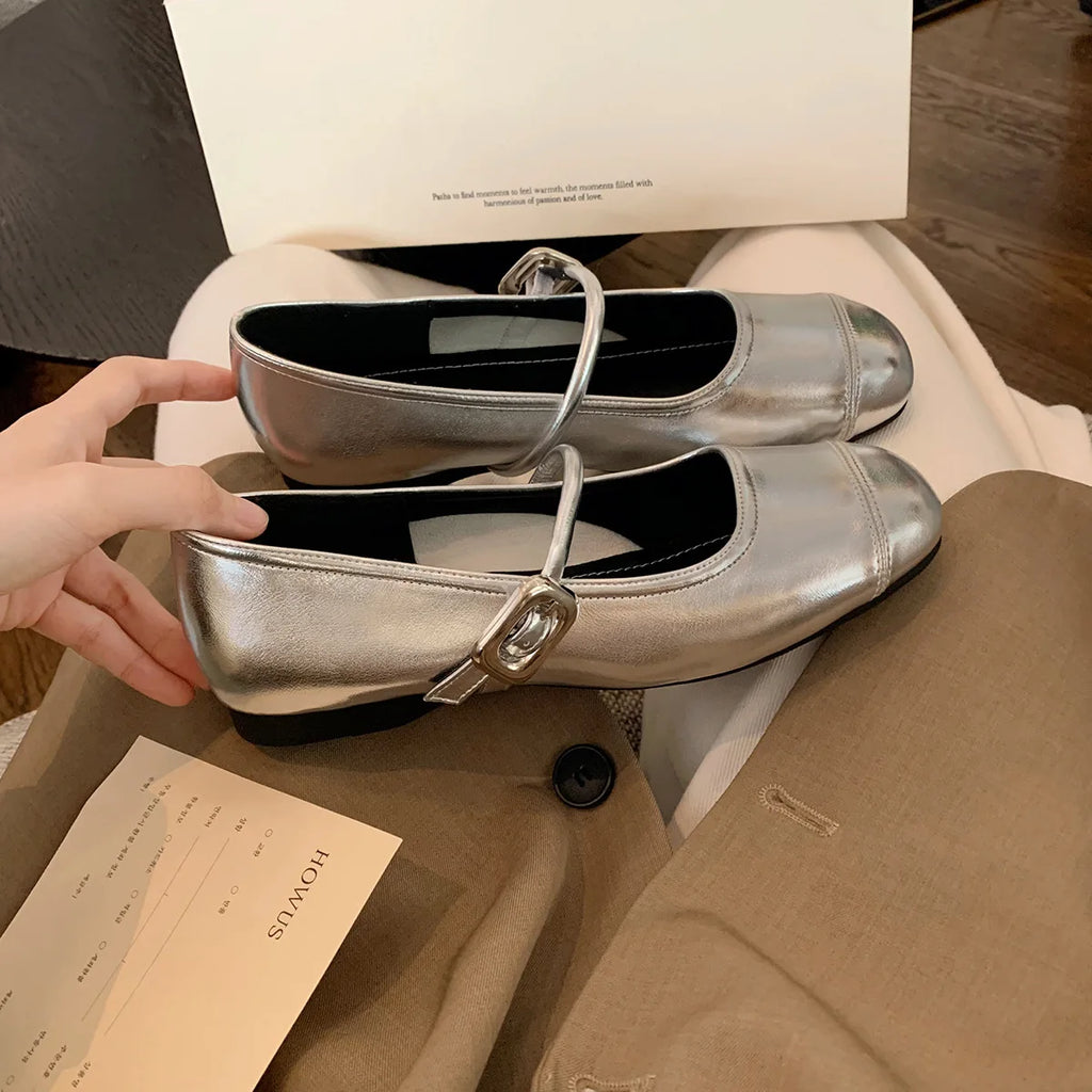 Flat Shoes for Women Spring Autumn Square Toe Shallow Mouth Silve Increased Height Mary Jane Plus Size Women's Shoes Zpaxo