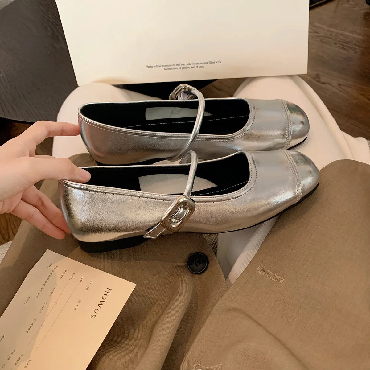 Flat Shoes for Women Spring Autumn Square Toe Shallow Mouth Silve Increased Height Mary Jane Plus Size Women's Shoes Zpaxo