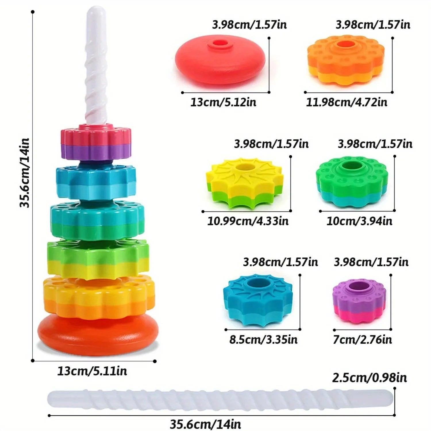 Rotating Rainbow Tower Stack Unstack Puzzle Toy 6 Colorful Levels