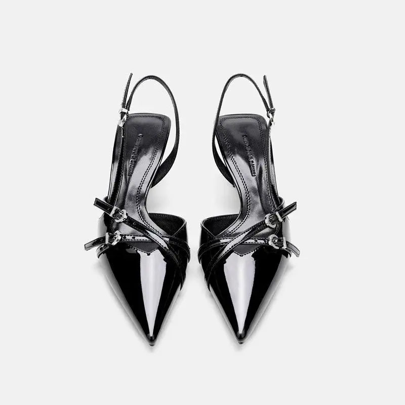 Fashionable Pointed Toe Shallow Mouth New High-heeled Shoes Summer Elegant Buckle Decorated Stiletto Black Women's Shoes Zpaxo