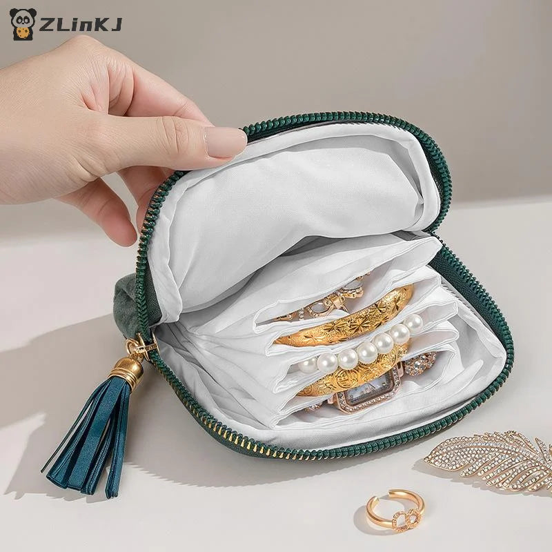 ▶1Pcs Soft Velvet Jewelry Pouch Multiple Inner Compartments Tassel Zipper For Travel Daily Use Storing Rings Earrings Necklaces Zpaxo