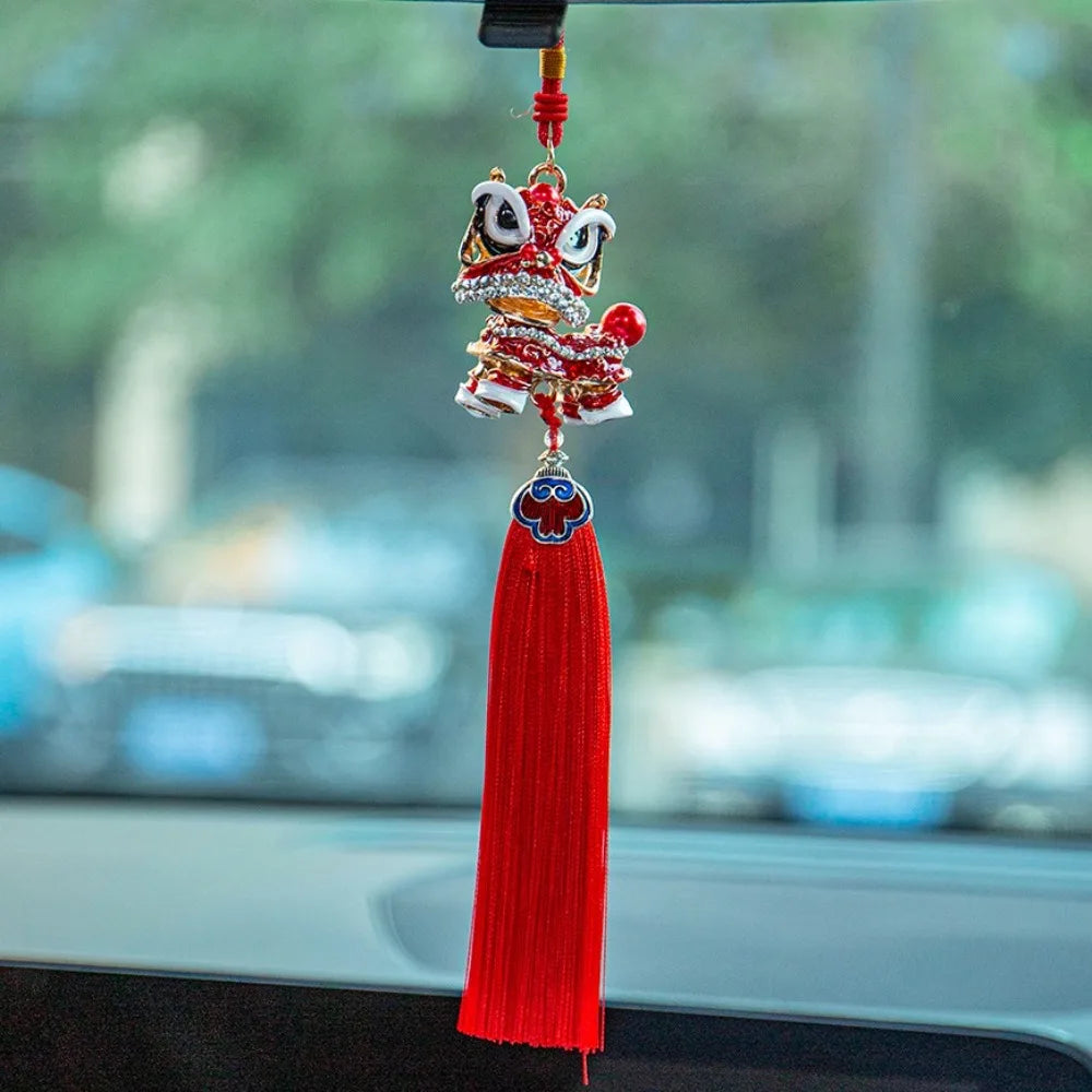 Tassel Lion Dance Creative Ornaments Chinese Style Lucky Lion Dance Car Pendant Red Ancient Mascot Lion Wake Keychain Home Decor Zpaxo