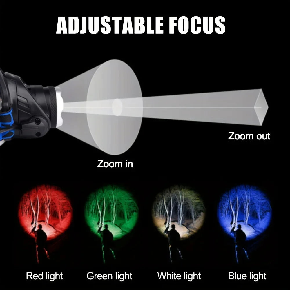 4-in-1 LED Headlamp – Zoomable Rechargeable Multi-Color Headlight