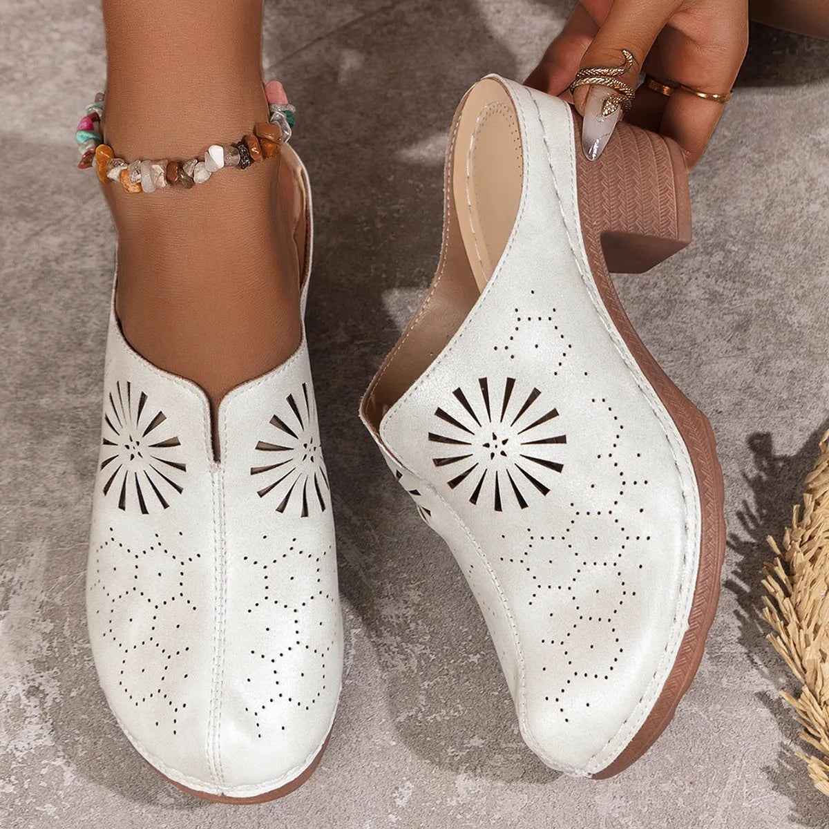 Women Shoes Hollow Out Heeled Thick Soled Cork Wedge Sandals Summer Zpaxo WHITE 37