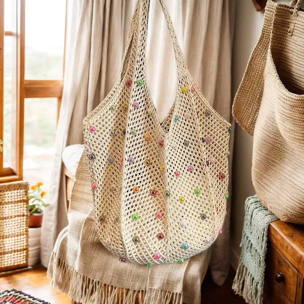 Women Boho Crochet Bag Colored Beads Aesthetic Knit Large Capacity