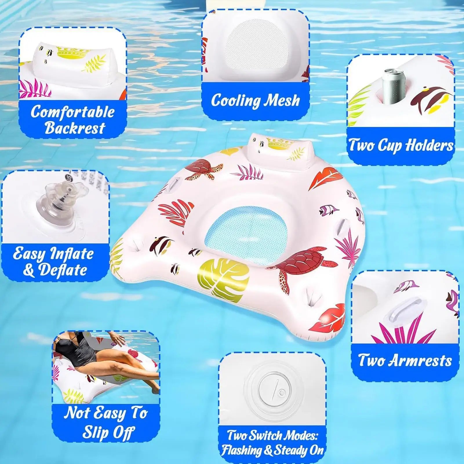 Floating Chair Pool Floaty Toys LED Lights Inflatable Float Beach Zpaxo