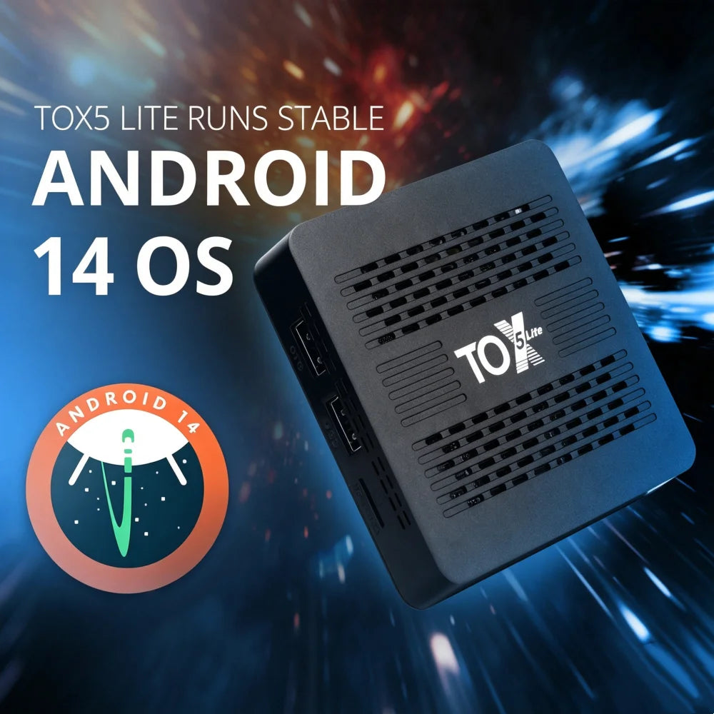 TOX5 Lite Android14 TV Box Amlogic S905X5M 32GB ROM BT AV1 1000M LAN Zpaxo