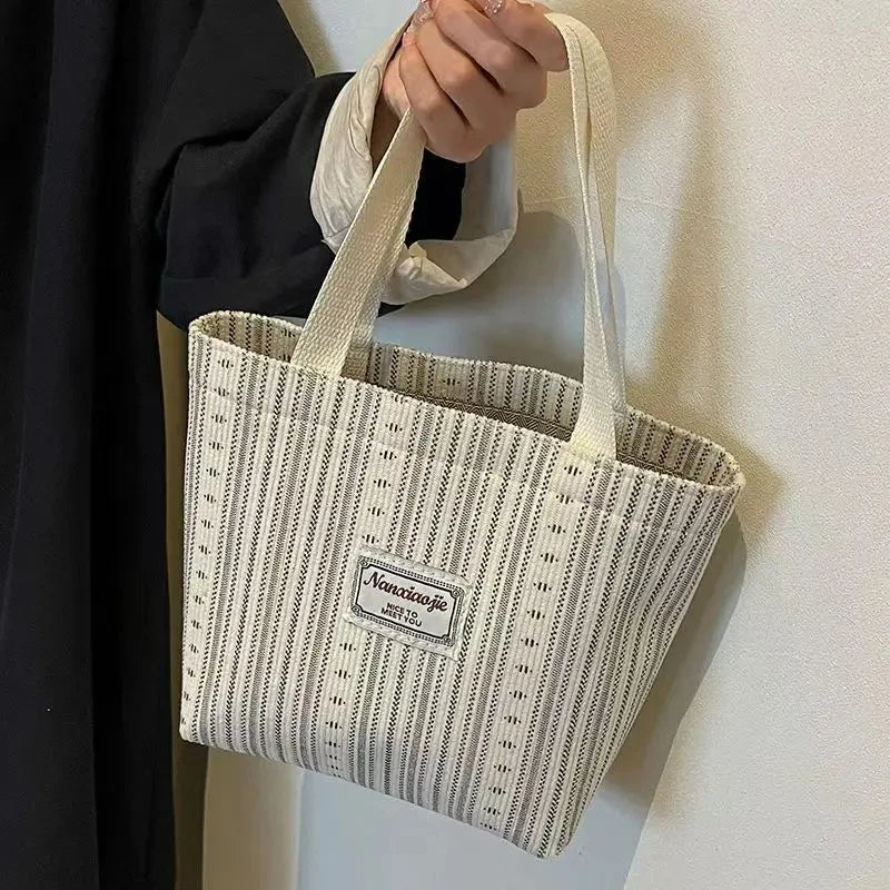 Vintage Striped Canvas Tote Bag Large-capacity Commuter Student