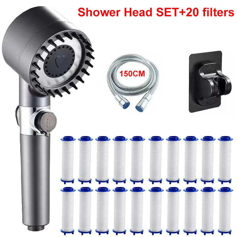 4 Modes Showerhead Pressure Shower Head Water Filtration Massage Zpaxo Grey Set D